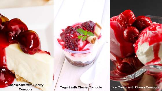 Cheesecake, yogurt, ice cream with cherry compote